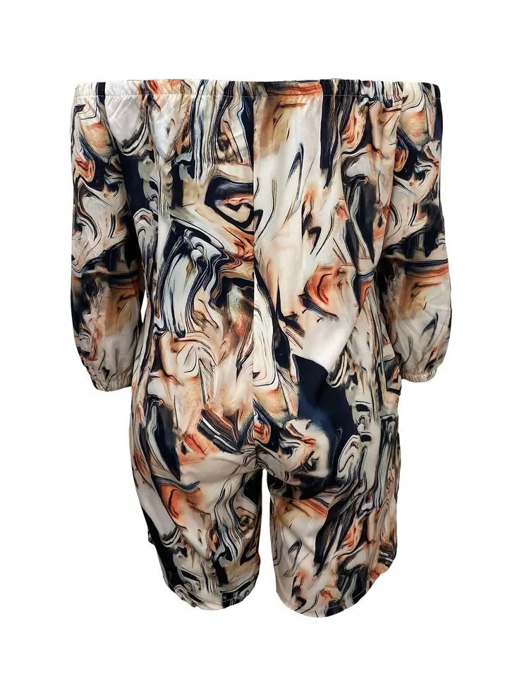 Plus Size Tan Brownish Black Abstract Print Shorts Romper Trendy Off Shoulder Design Super Comfortable Casual Style with Pockets Women’s Clothing