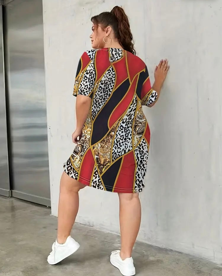 Red Printed Cheetah Styled Plus Size Casual Lounge Paisley Print Short Sleeve Round Neck Women’s Comfy Summer Dress Clothing