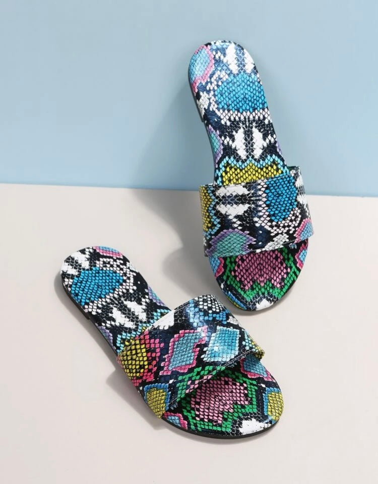 Multicolored Blue Women Snakeskin Flat Embossed Slide Trendy Cute Girl Summer Flat Sandals Shoes