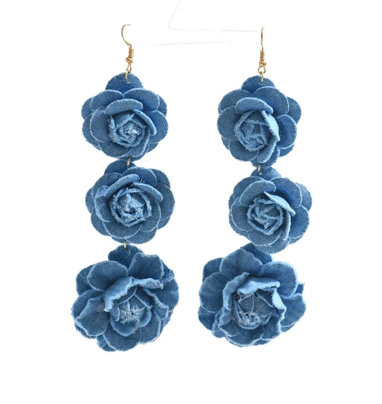 Beautiful Fashionable Triple Denim Flower Blue Jeans Big Flower Earrings for Women Jewelry Accessory