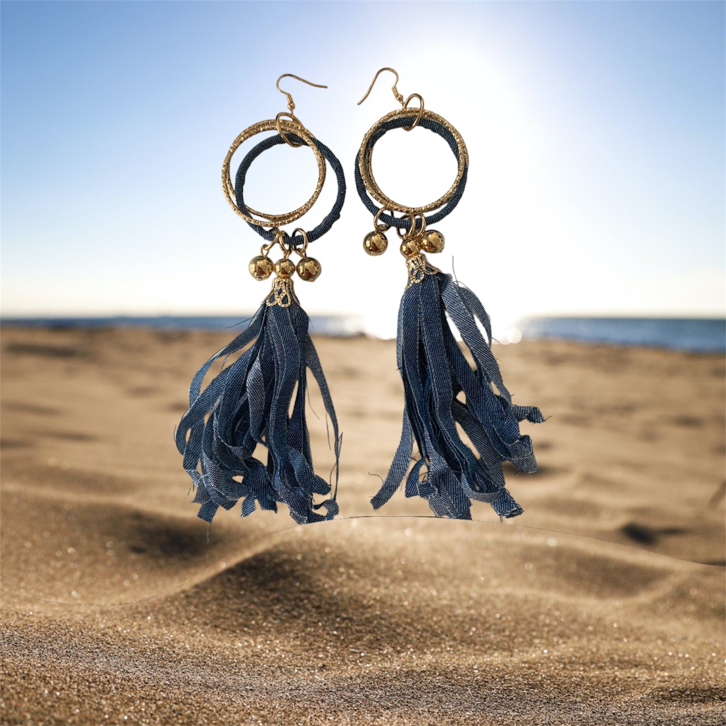 Fashion High Demand Denim Gold Long Earrings Handmade Accessories by T’s w ♥️
