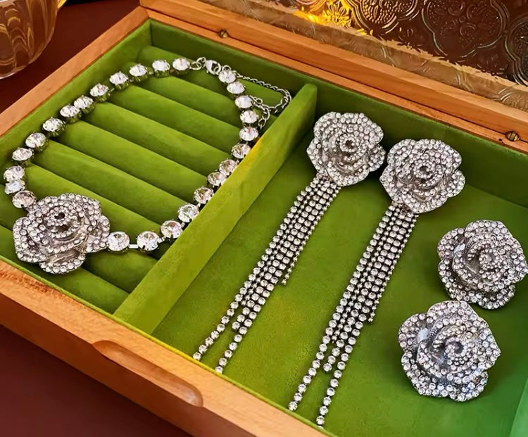 Bling Bling Flower Silver Pendant Shiny Rhinestone Crystal Long Dangling Earrings Jewelry