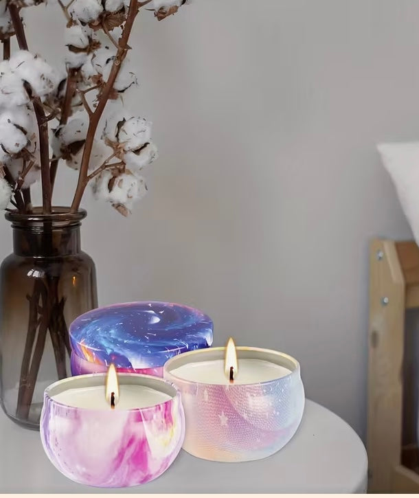 Fragrance Scented Handmade Soy Wax Small Candles w Round Metal Lid Container and Glitter Accents