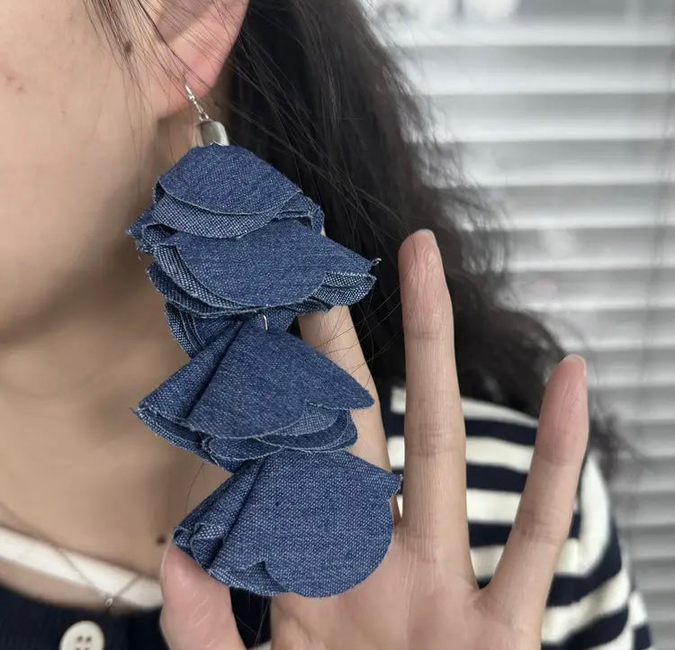 Beautiful Four Layered Denim Handmade Flower Petal Tassel Dangle Earrings for Women Fashion Jewelry