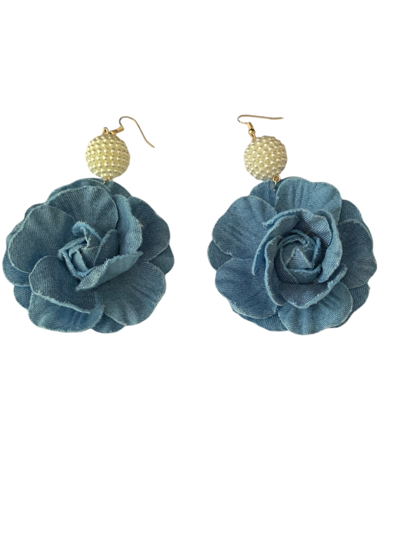 Elegant Faux Pearl Denim Rose Flower Women Drop Decor Fashion Statement Earrings Accessories