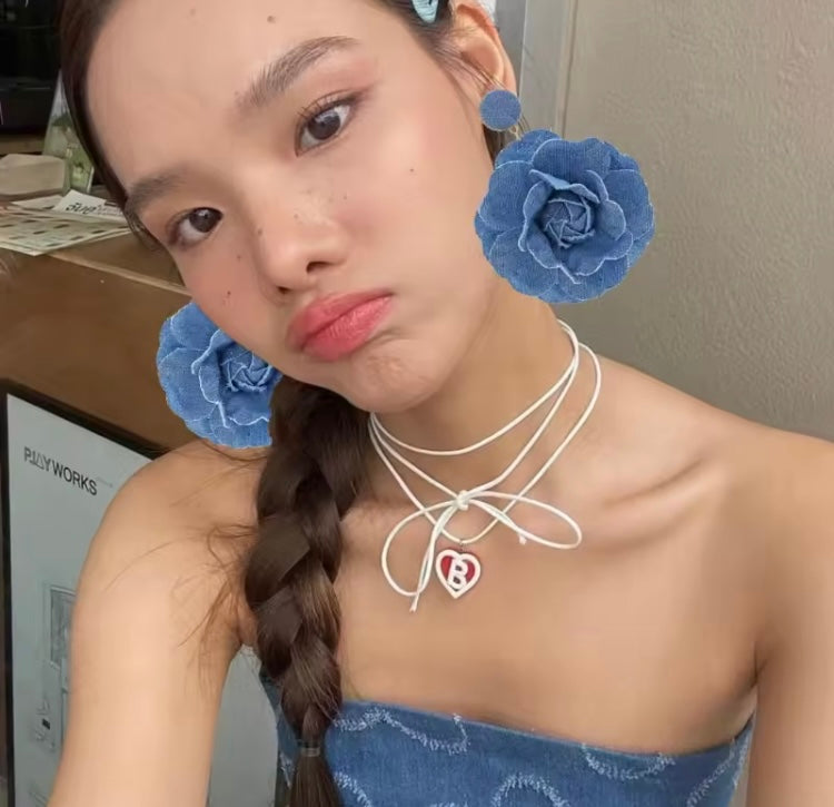 Denim Rose Flower Women Drop Bold Elegant Exaggerate Statement Earrings