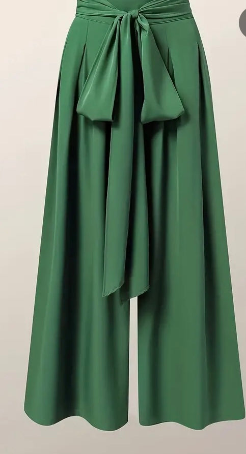 Beautiful Green Color Tie Waist Pants Casual Wide Leg Pants Women's Plus Size Clothing