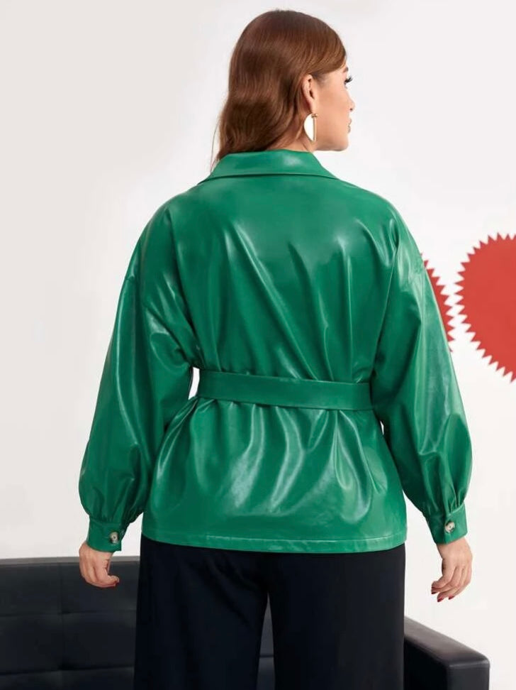 Attractive Green Plus Shirt Blouse Shoulder Belted Stylish PU Leather Jacket for Fall Winter Clothing Casual Formal Wear