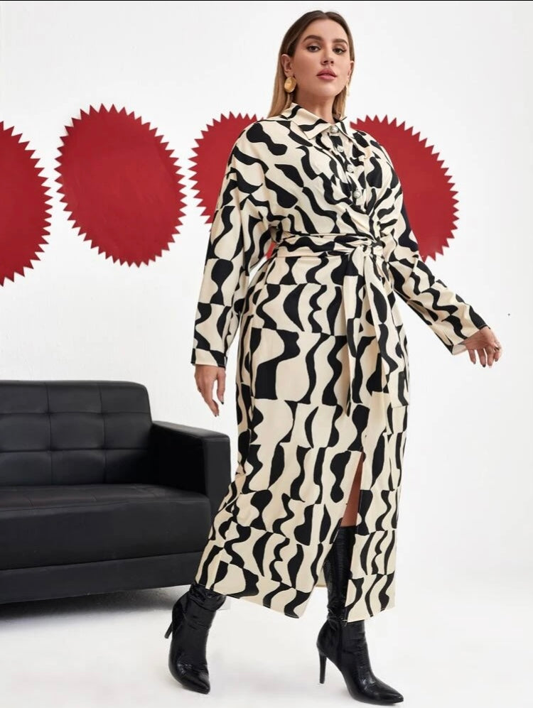 She Ate White Black Stunning Plus Size Geo Print Drop Shoulder Belted Shirt Dress Women’s Wear