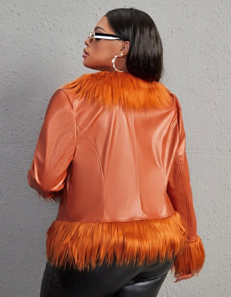 Orange & Tangy Plus Size Diva Fur Fuzzy Cuff Shawl Collar PU Leather Jacket Coat Winter Wear