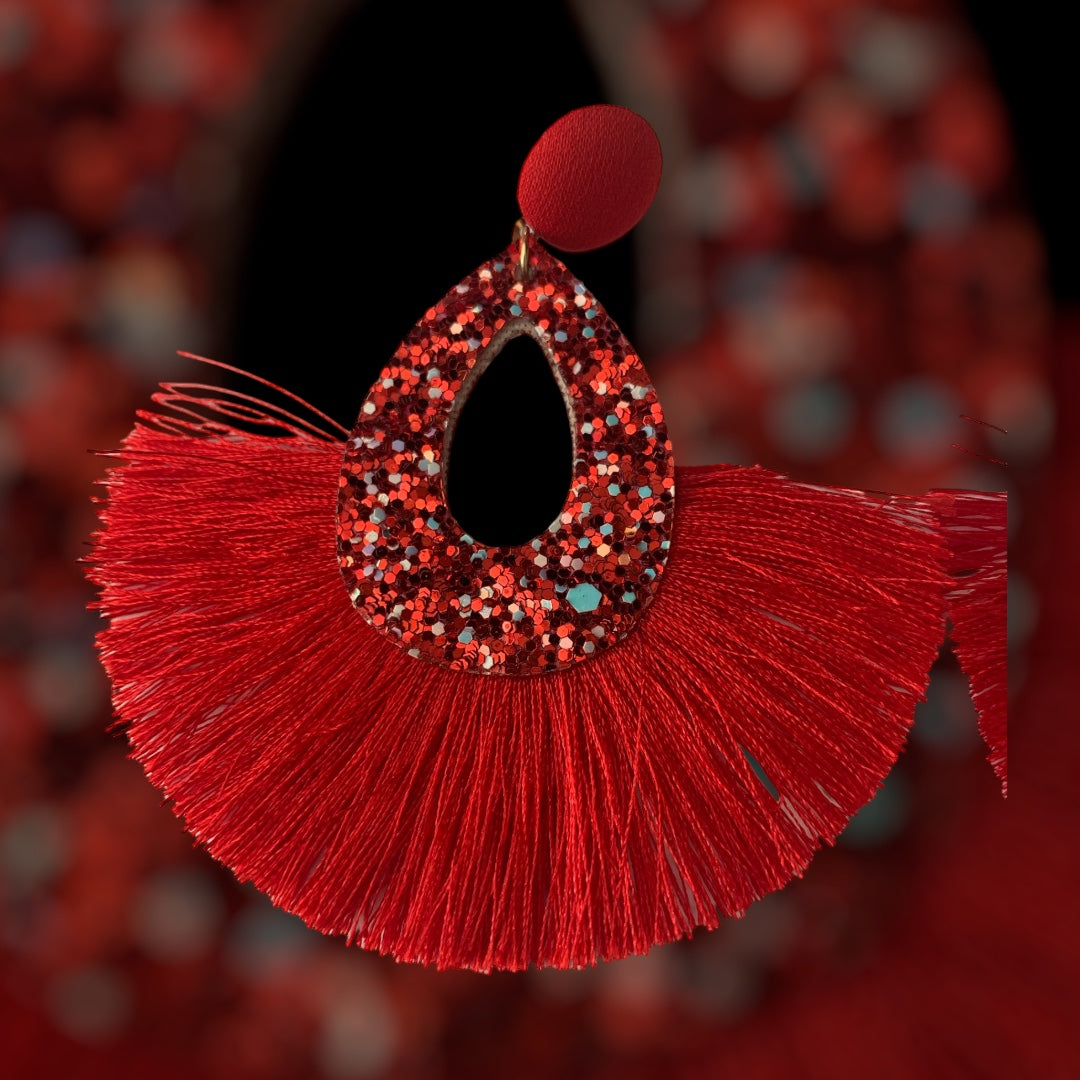 Red Tassel Glitter Feathered Statement Fashion Earrings Women’s Accessories