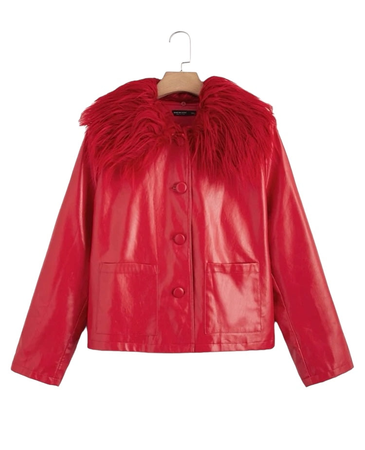 Cotton Candy Sexy Red Plus Size Fur Fuzzy Collar PU Leather Jacket Coat Winter Wear