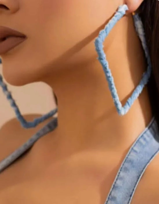Light Denim & Fashion Print Fabric Wrapped Square Hoop Earrings for Women Accessories