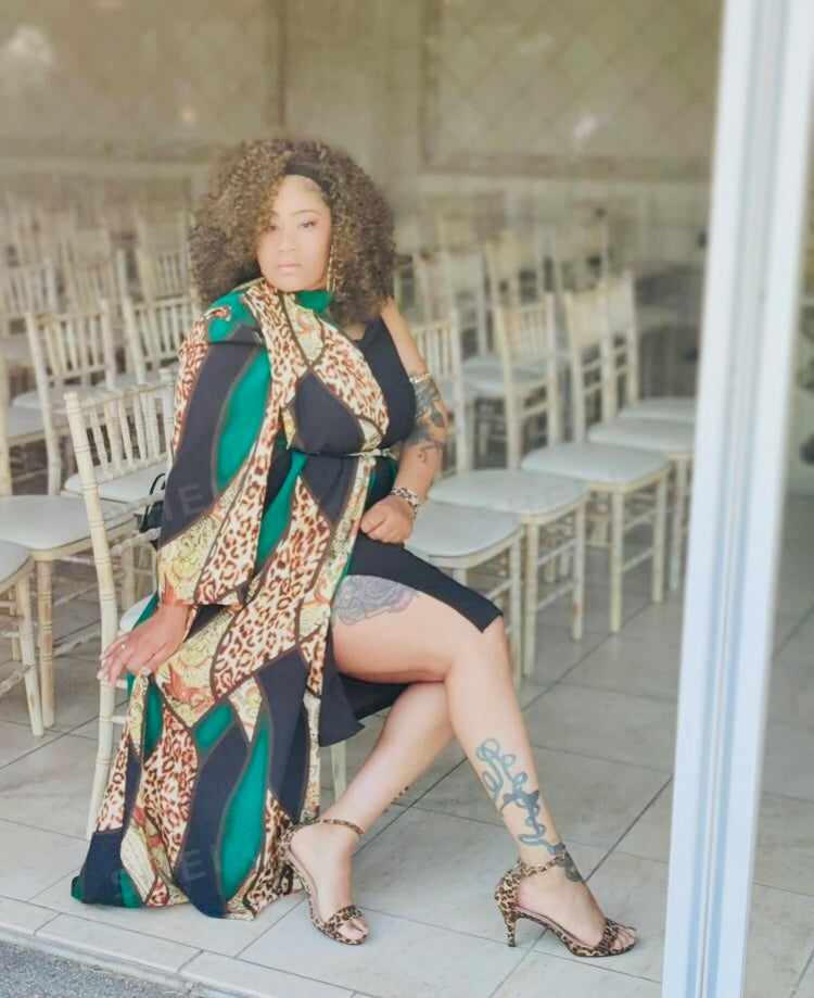 Plus Curvy Woman Green Stunning One Shoulder Glam Diva Choker Neck Leopard & Baroque Print Dress Clothing