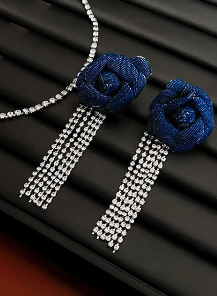Beautiful Denim Flower Tassel Earrings Light Luxury Design Trendy Fashion Dangle Rhinestone