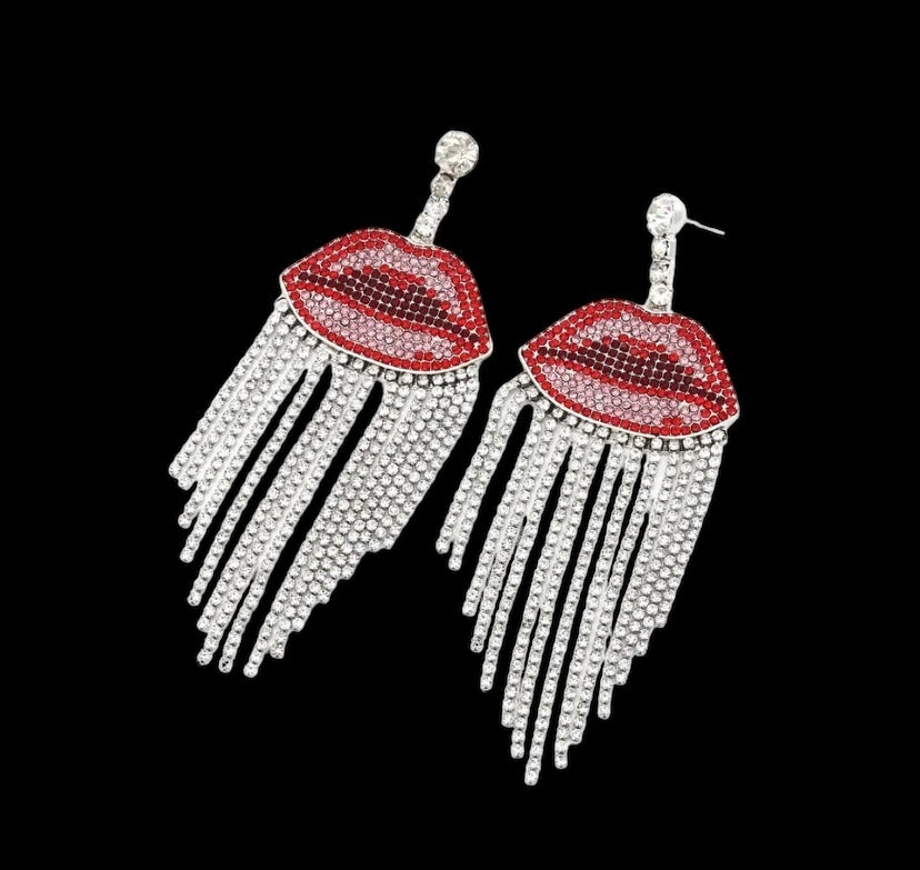 Lips Kiss Glam Luxury Sexy Rhinestone Red Lip Tassel Dangle Earrings for Women Jewelry