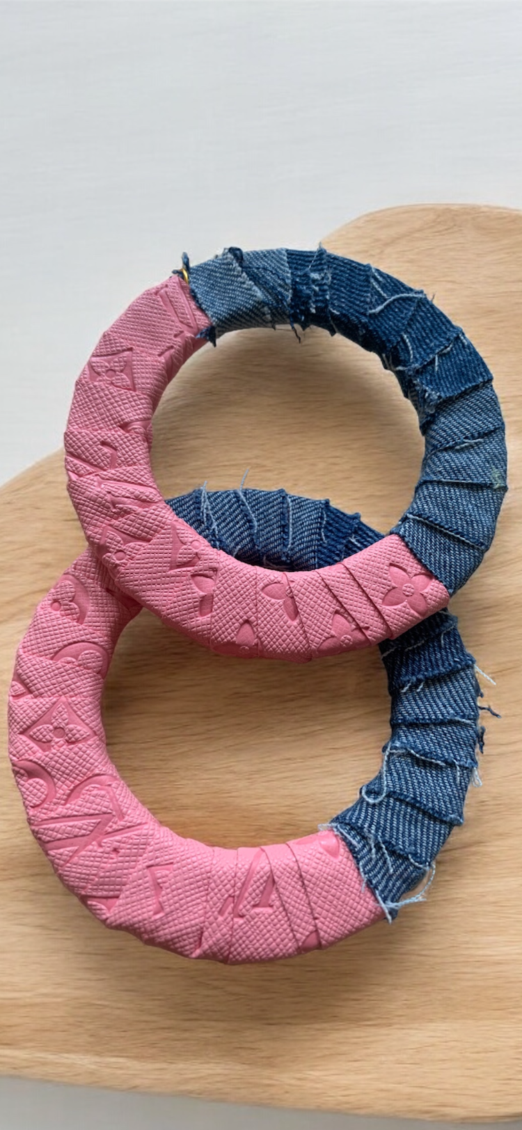 Fashion Statement Denim Pink Wood Distressed Customized Big Hoops Designer Earrings Jewelry