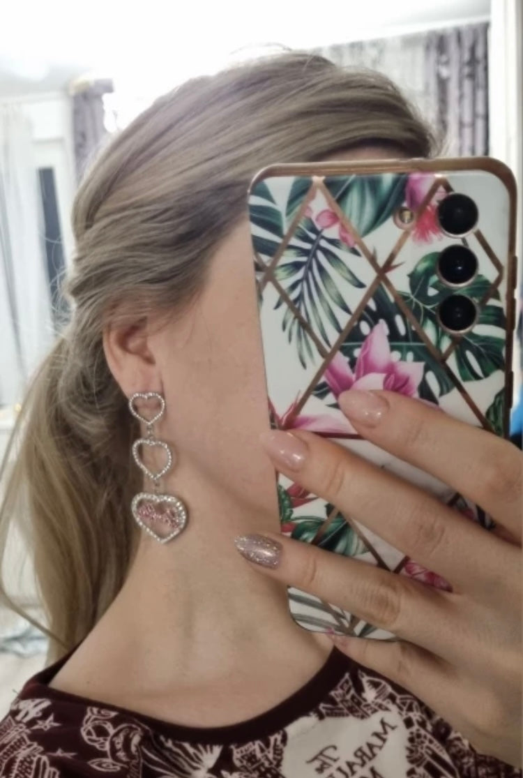 Shimmery Silver Barbie Pink Diamond Triple Heart Crystal Bling Earrings Jewelry Accessories for Girls