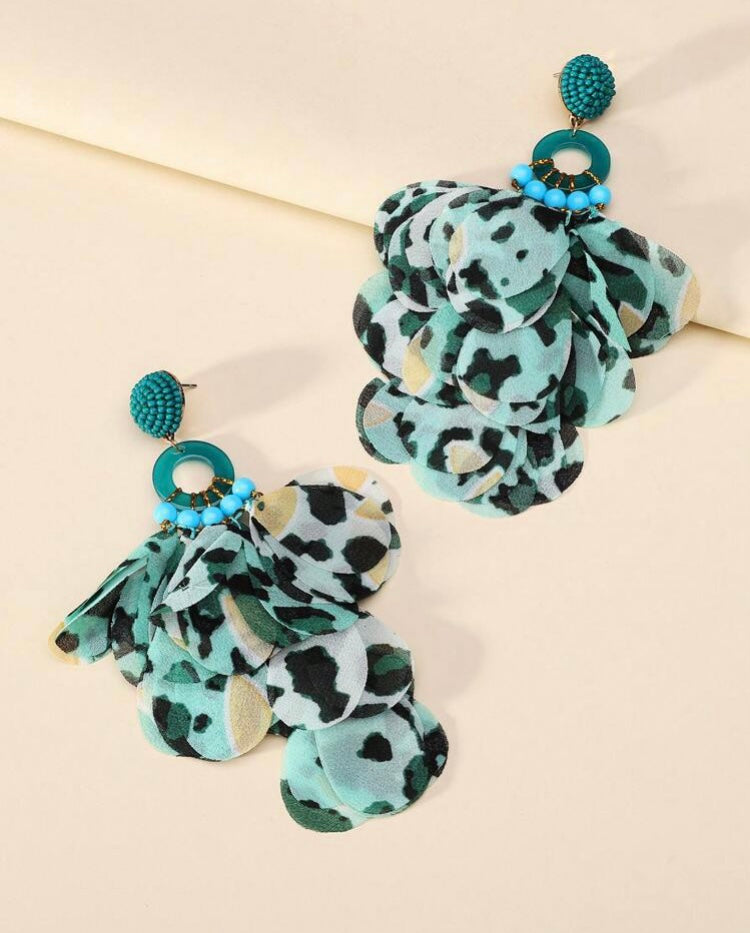Blue Fashionable Handmade Beaded Lace Petal Shaped Pendant Earrings For Women