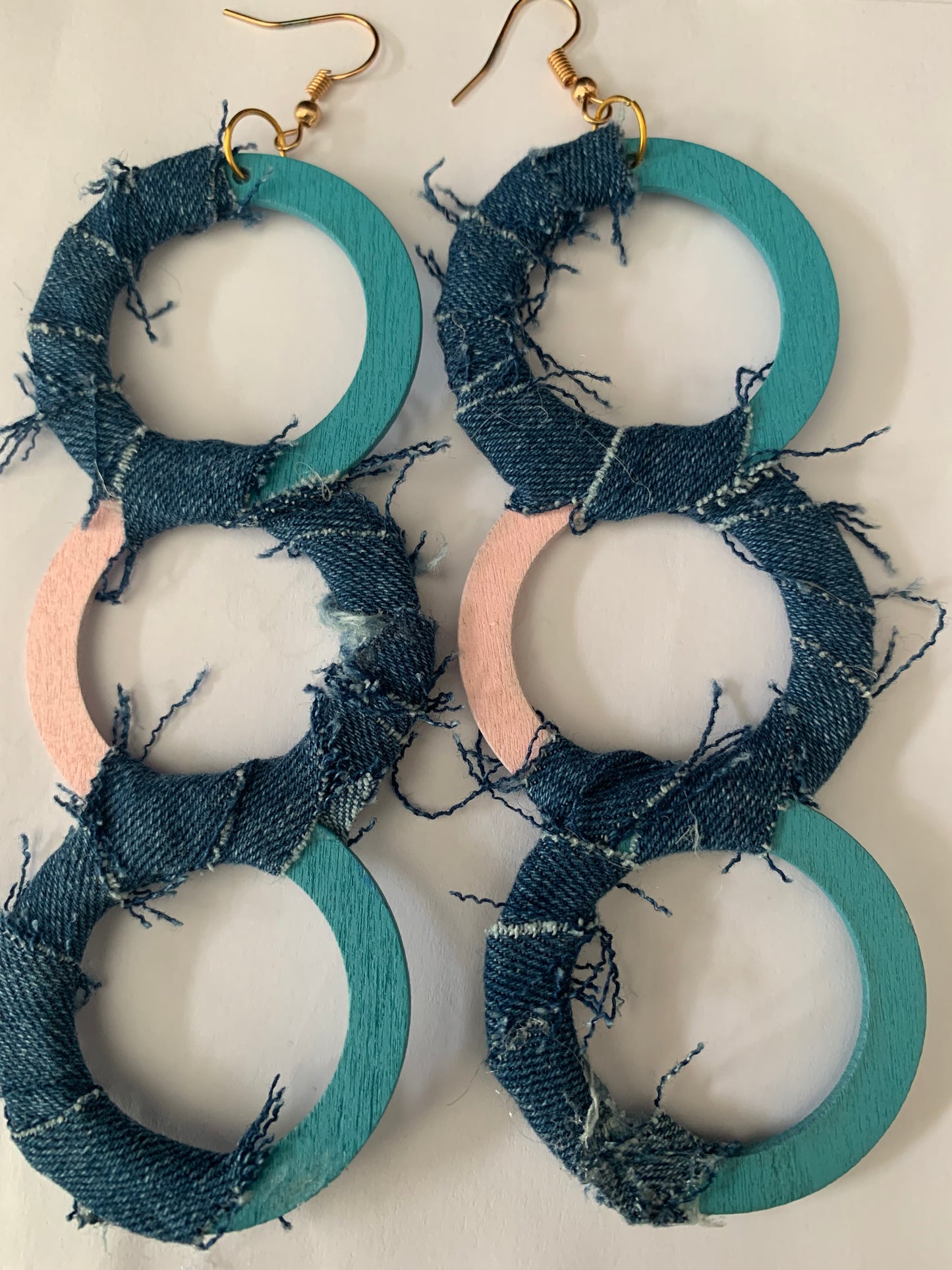 Fashion Statement Triple Denim Round Wood Distressed Baby Blue & Baby Pink Accents Customized Earrings Jewelry