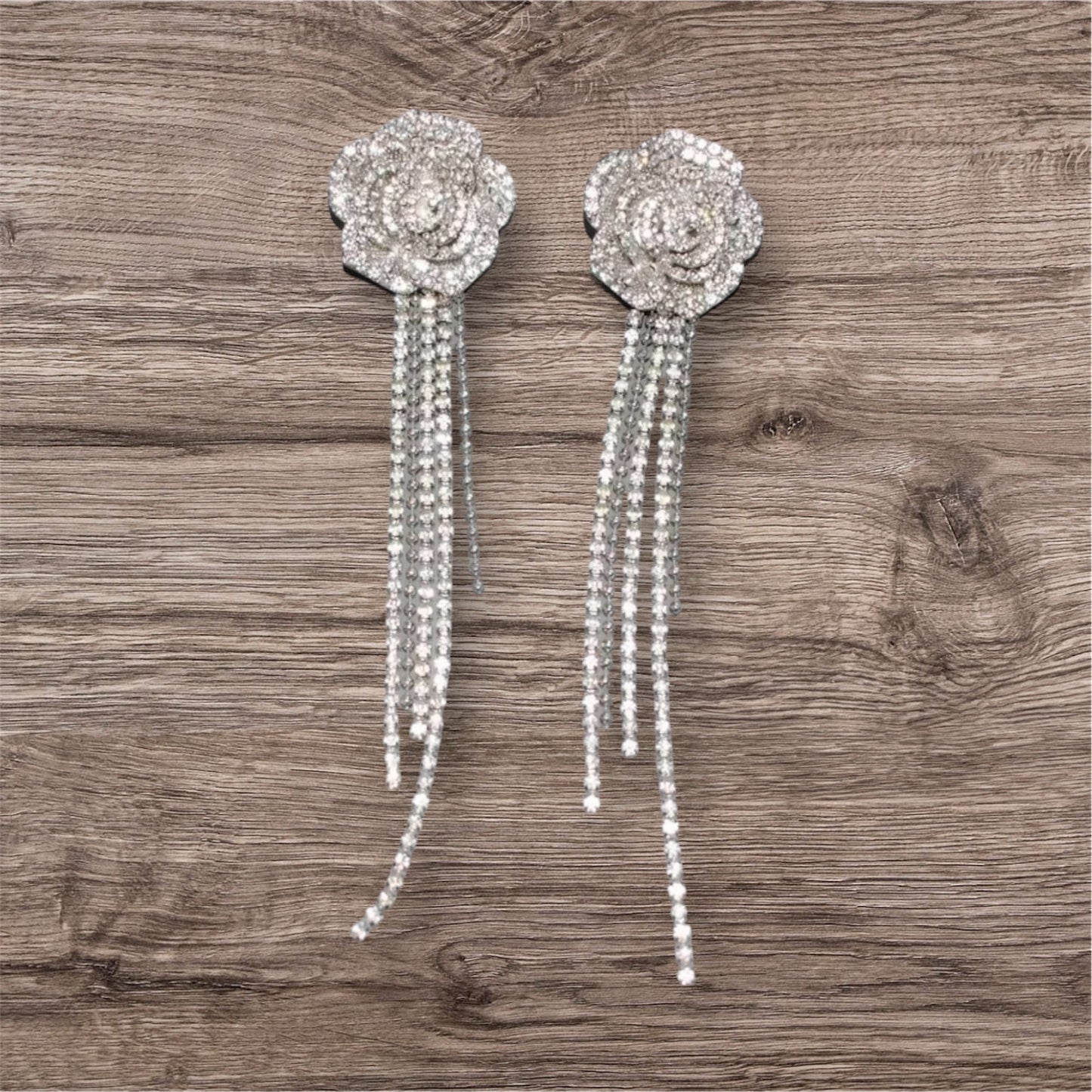 Bling Bling Flower Silver Pendant Shiny Rhinestone Crystal Long Dangling Earrings Jewelry