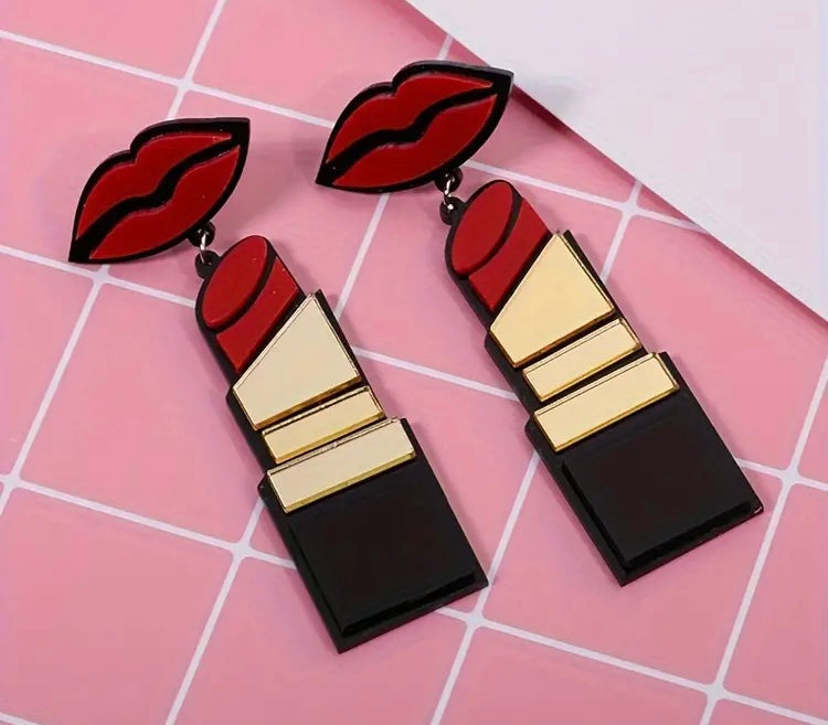 Fashion Acrylic Red Mouth Lips Kiss Lipstick Drop Earrings Jewelry