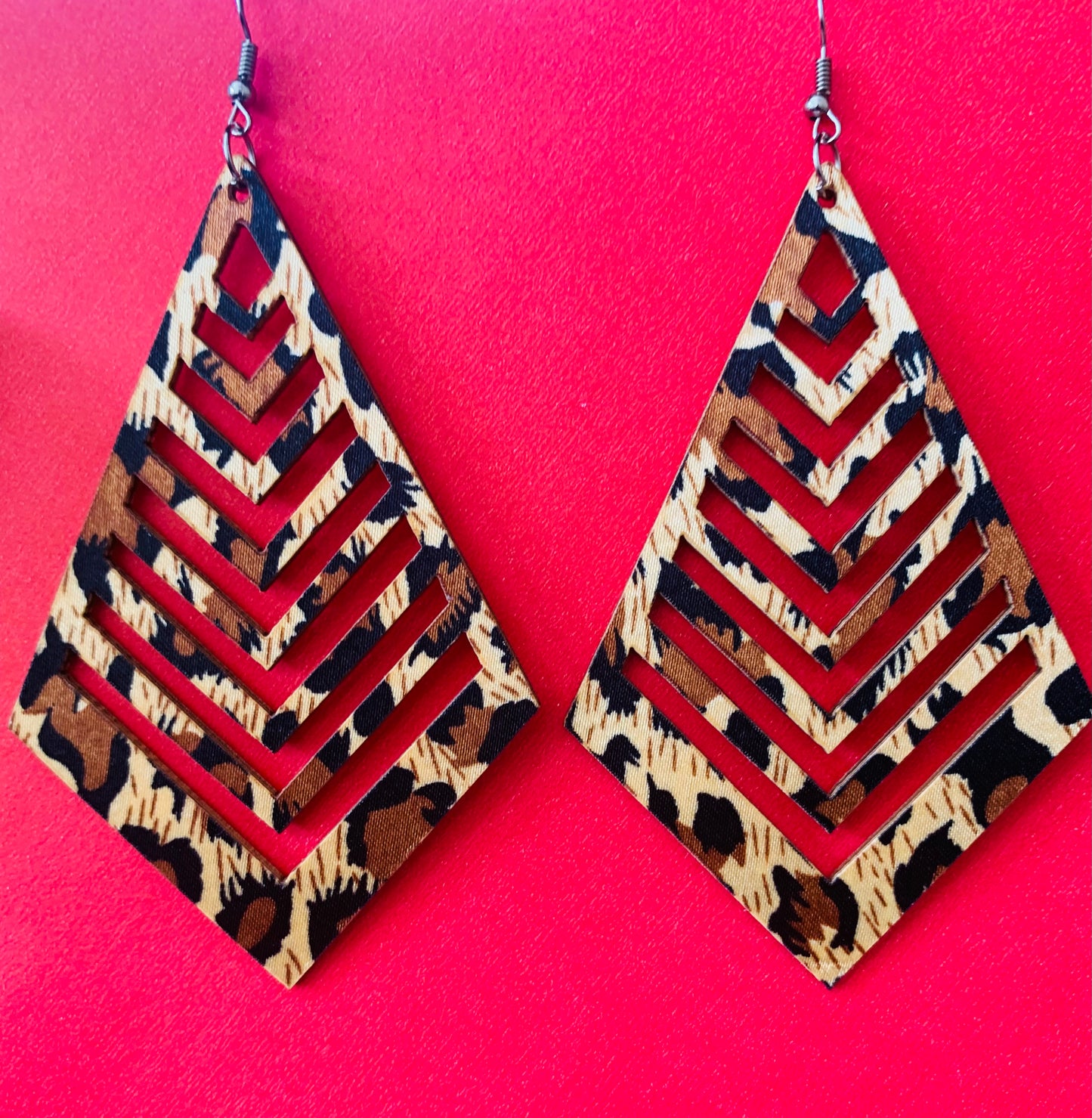 Ladies Women's Brown Long Acrylic Styled Fashion Wood Statement Earrings Cheetah Styled Accessories