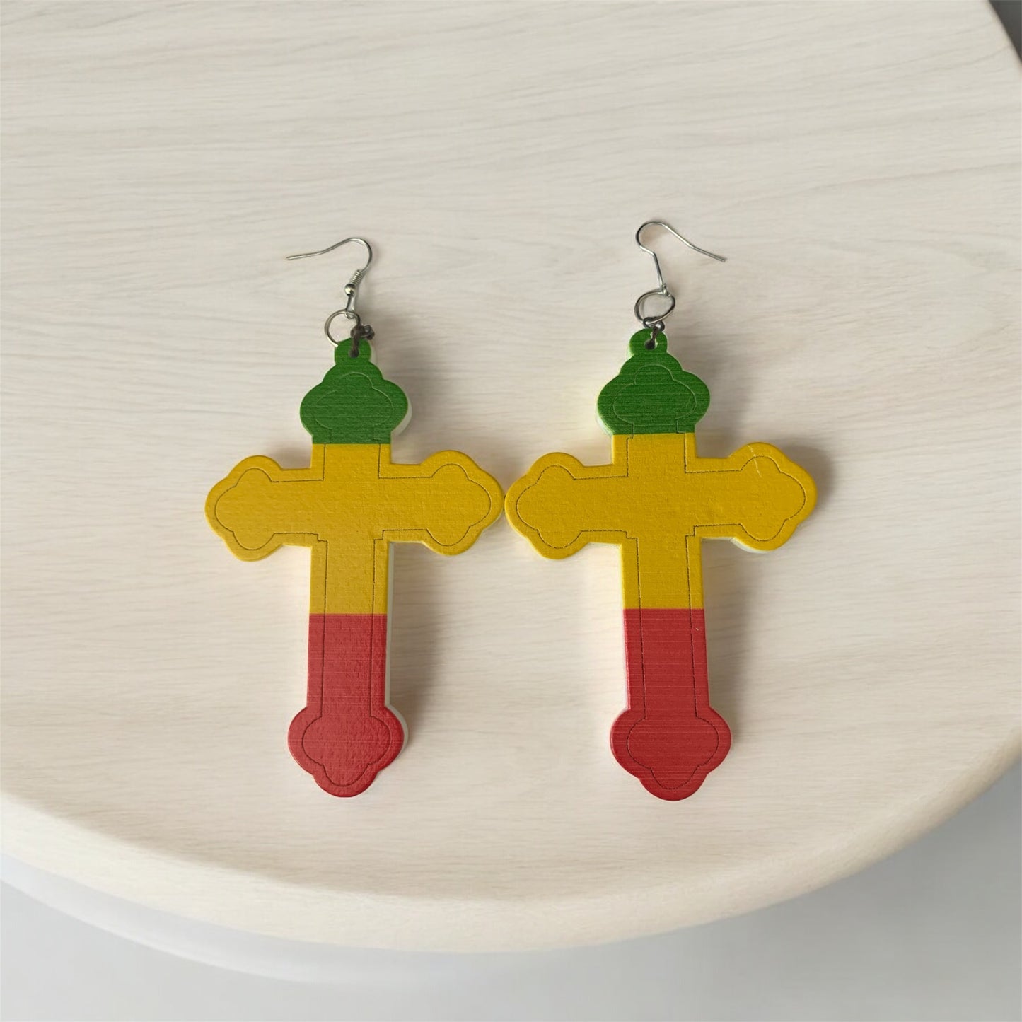 Ladies Jamaican Bob Marley Styled Wood Cross Fashion Statement Dangle Women's Earrings