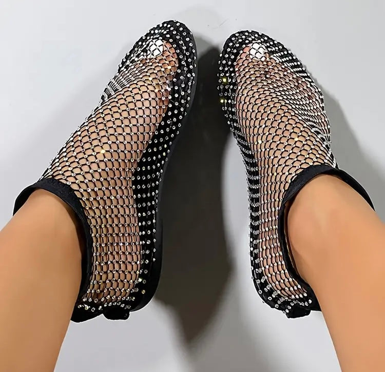 Stylish Rhinestone Mesh Flat Sandals Glamorous Slip-On Shoes Comfortable Party Flats for Women