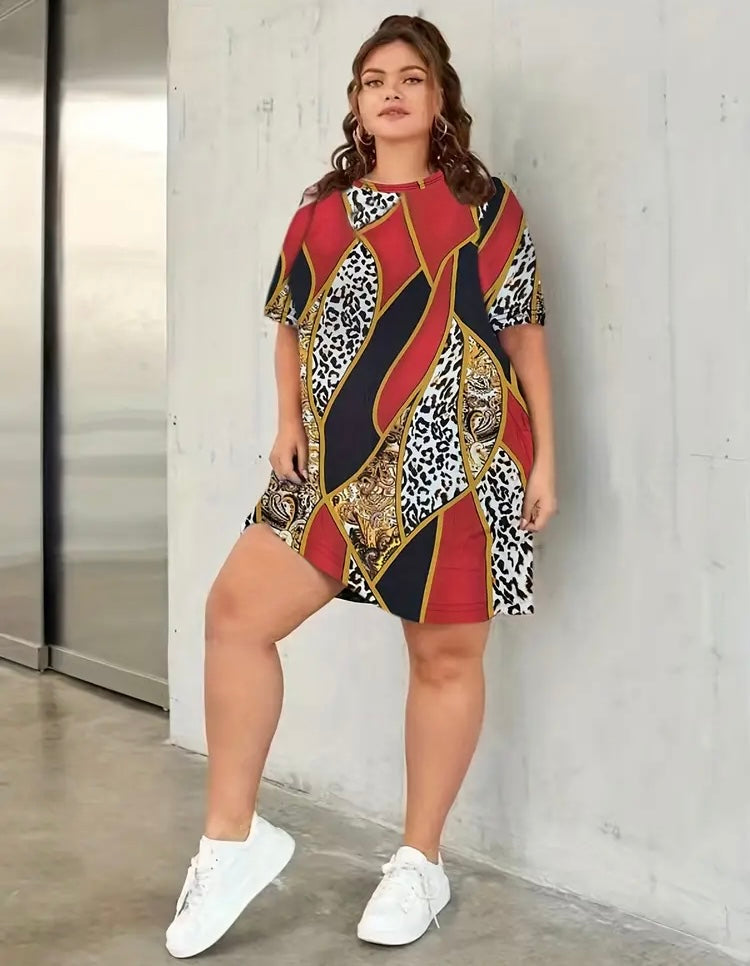 Red Printed Cheetah Styled Plus Size Casual Lounge Paisley Print Short Sleeve Round Neck Women’s Comfy Summer Dress Clothing
