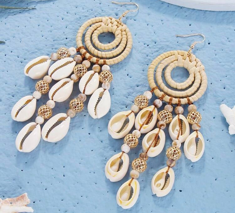 Cowrie Bohemian Vacay Island Diva Shell Beaded Vine Woven Long Dangle Earrings for Women Accessory