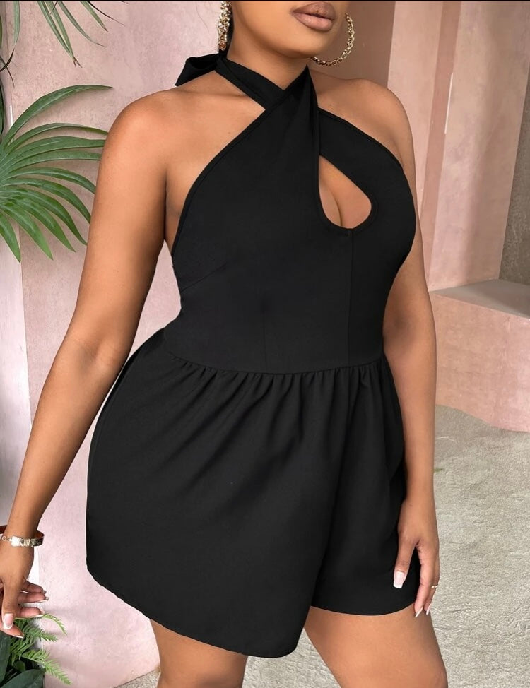 Sexy Slay Diva All Black Everything Plus Cut Out Halter Shorts Romper Women’s Clothing