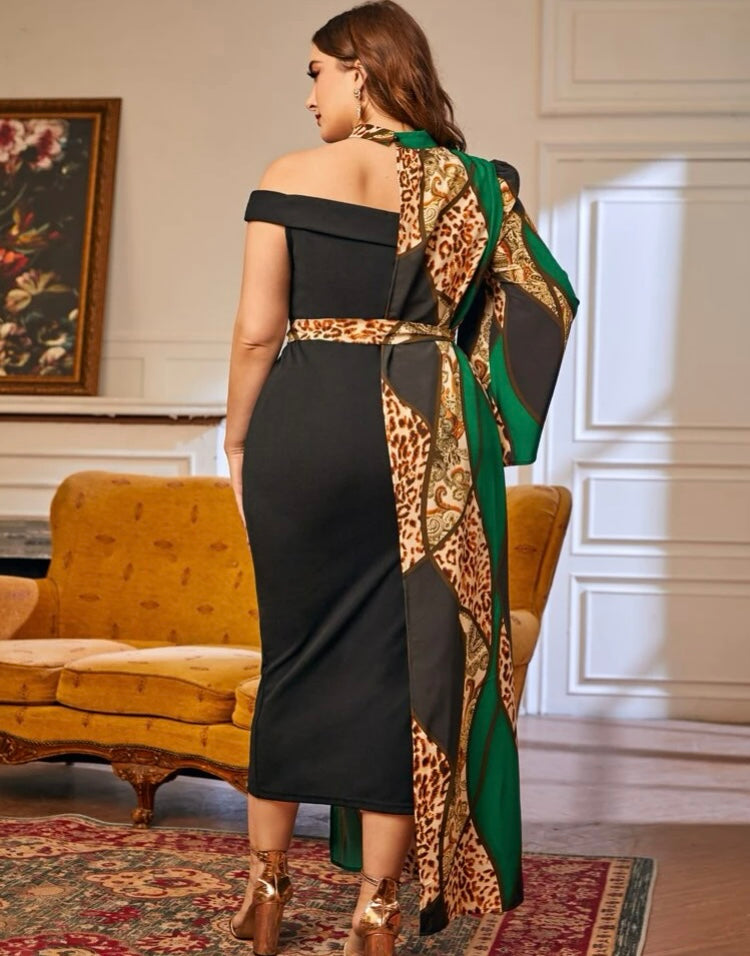 Plus Curvy Woman Green Stunning One Shoulder Glam Diva Choker Neck Leopard & Baroque Print Dress Clothing