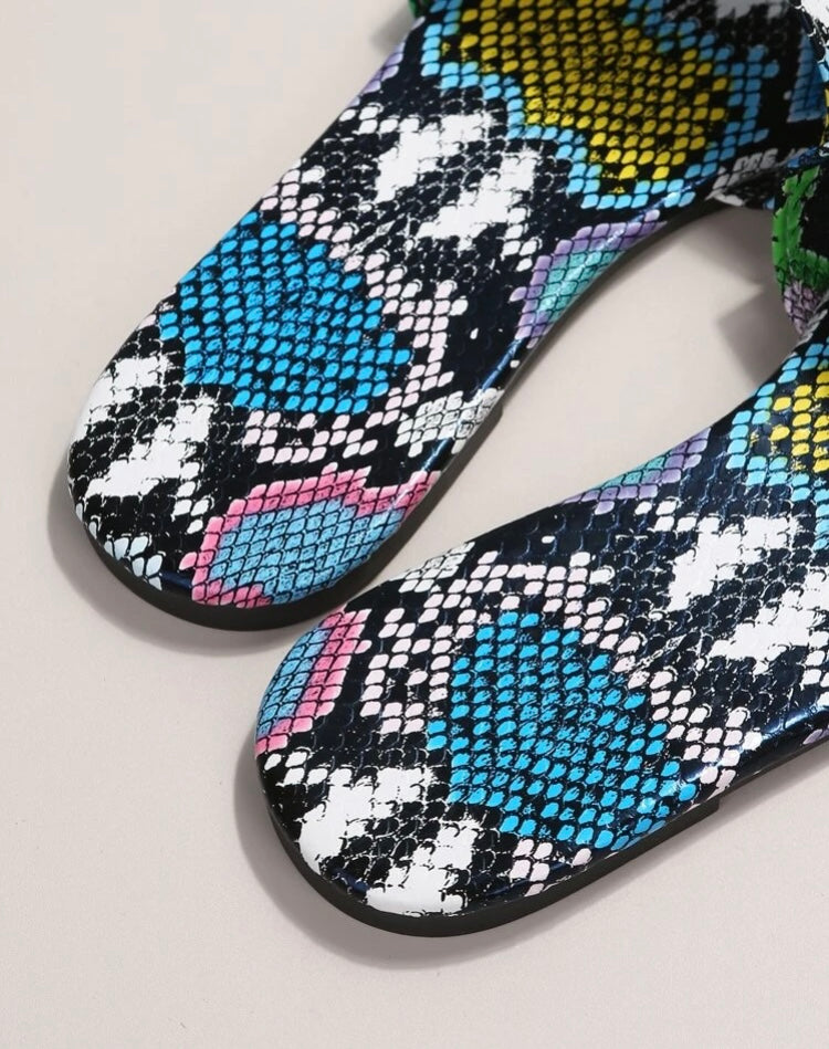 Multicolored Blue Women Snakeskin Flat Embossed Slide Trendy Cute Girl Summer Flat Sandals Shoes