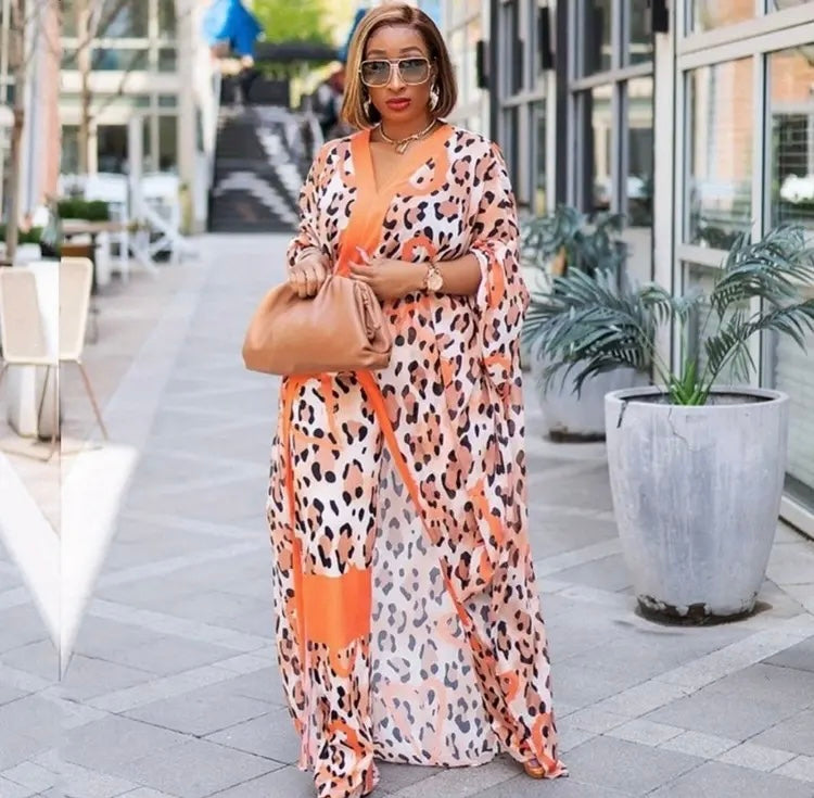 Orange Lover’s Plus Size Elegant Outfits Set Women's w Leopard & Heart Print Batwing Sleeve V Neck Split Hem Longline Top & Pants Outfit Two Piece Set Wear
