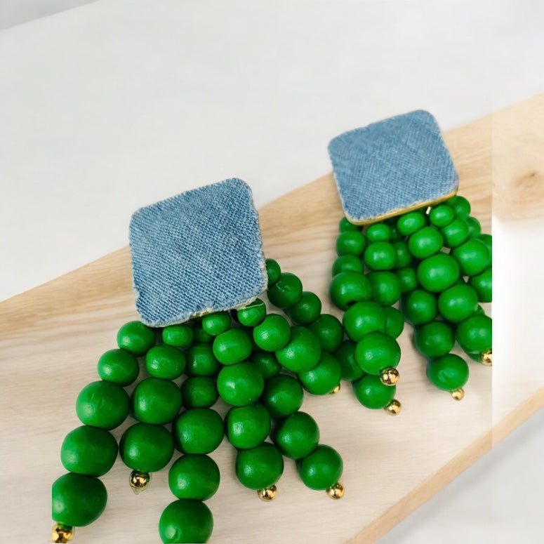 Green Denim Wooden Round Beaded Chain Drop Earrings High-Quality Fashion Trend Jewelry Accessories