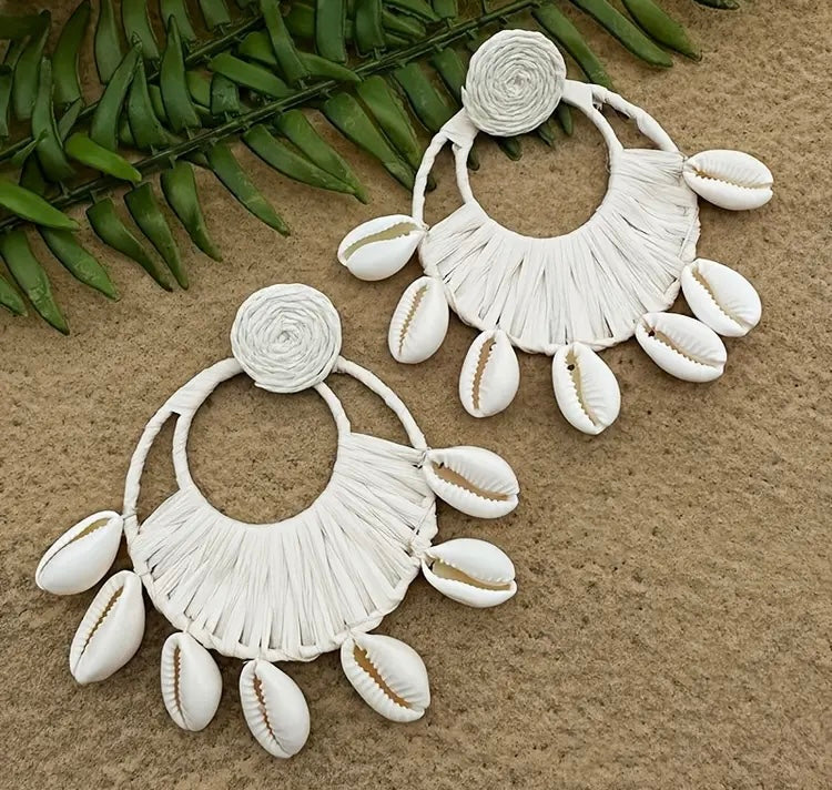 African Cowrie Shell Fashion Beach Crochet Earrings Large Circle Tassel Dangle Jewelry
