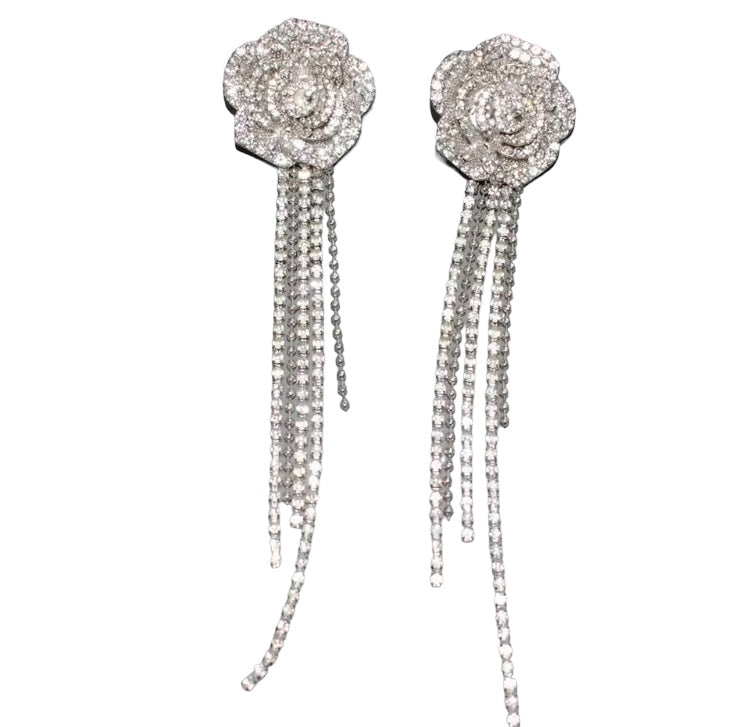 Bling Bling Flower Silver Pendant Shiny Rhinestone Crystal Long Dangling Earrings Jewelry
