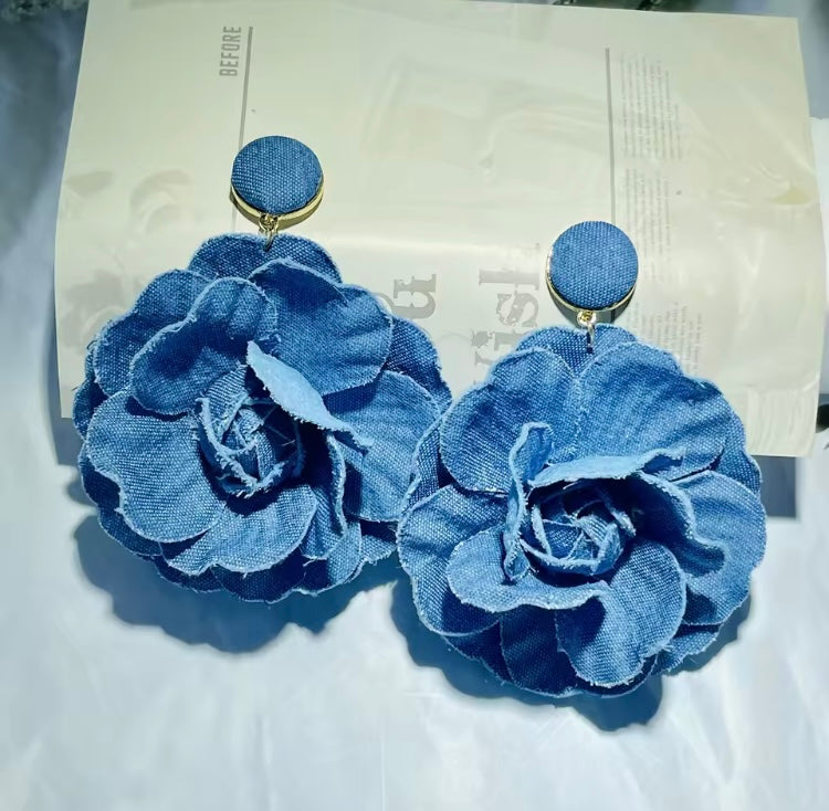 Denim Rose Flower Women Drop Bold Elegant Exaggerate Statement Earrings