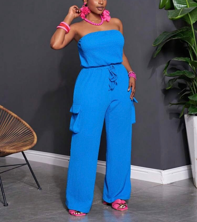 Lady in Blue Spring Summer Casual Plain Color Fitted Haltered Drawstring Waist Straight Leg Jumpsuit Knitted Fabric, Plus Size Curvy Waet