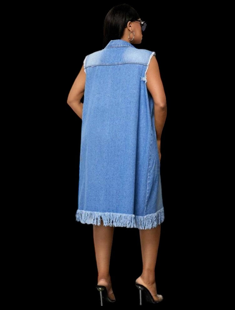Denim Blue Casual Fashion Sleeveless Fringe Vest Dress Plus Size