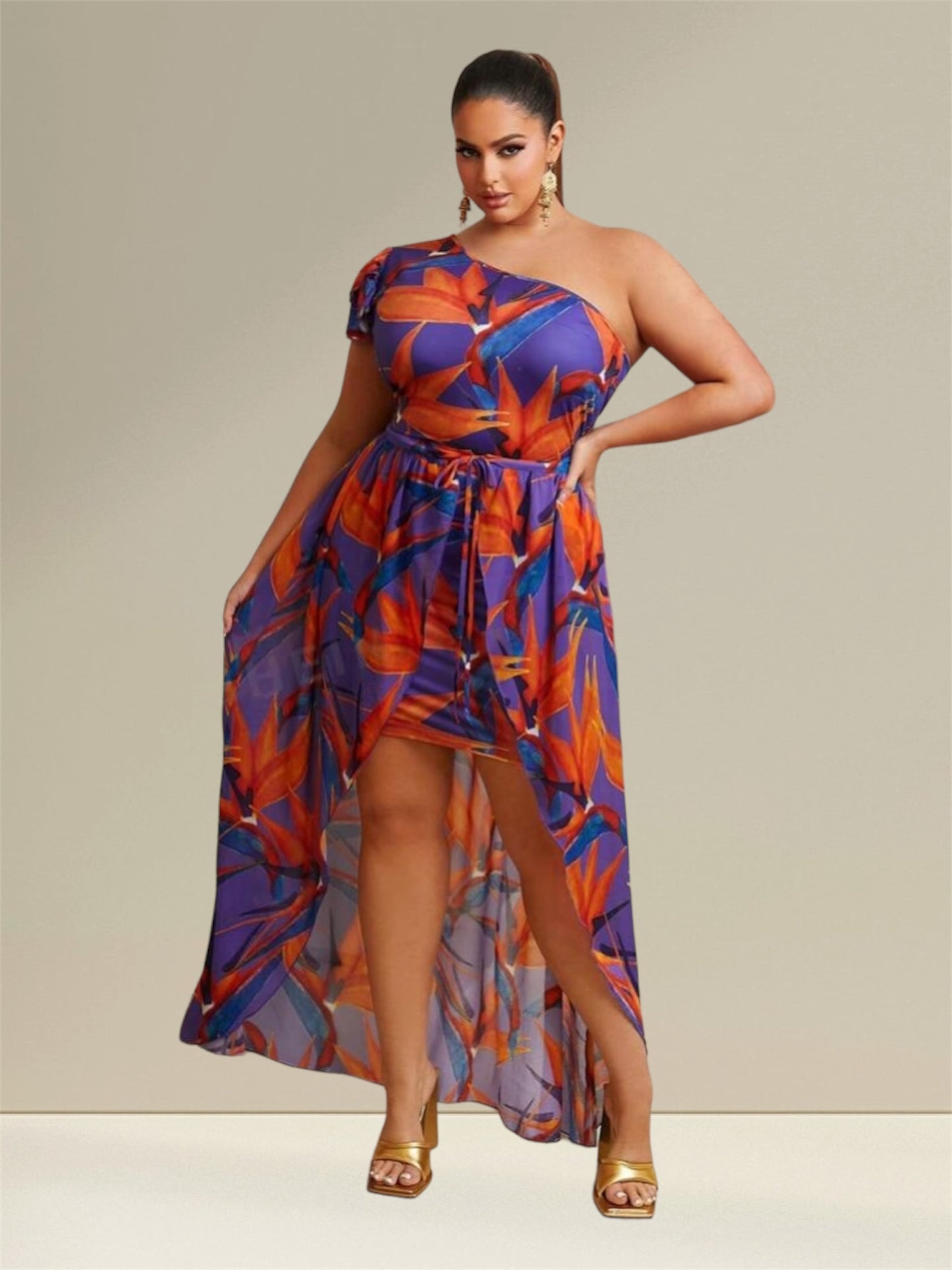 Grown & Sexy Beautiful Plus Size Allover Island Girl Styled Colors Printed One Shoulder High Low Skirt Wrap Sheer Dressy Clothes