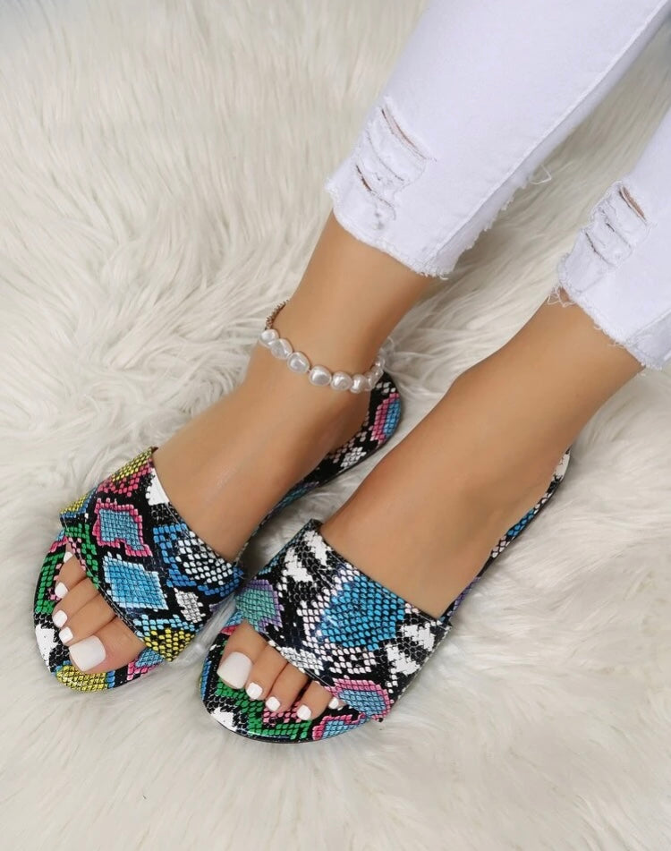 Multicolored Blue Women Snakeskin Flat Embossed Slide Trendy Cute Girl Summer Flat Sandals Shoes