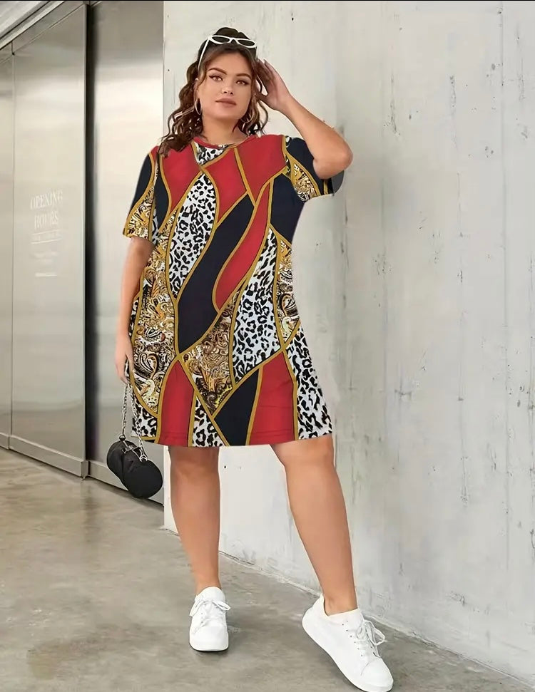 Red Printed Cheetah Styled Plus Size Casual Lounge Paisley Print Short Sleeve Round Neck Women’s Comfy Summer Dress Clothing
