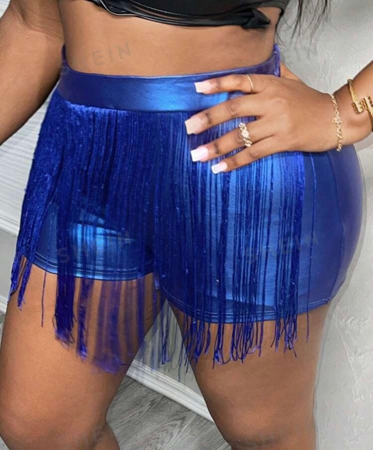Shimmering Blue Plus Size Elastic PU Leather Fringed Shorts Women’s Wear