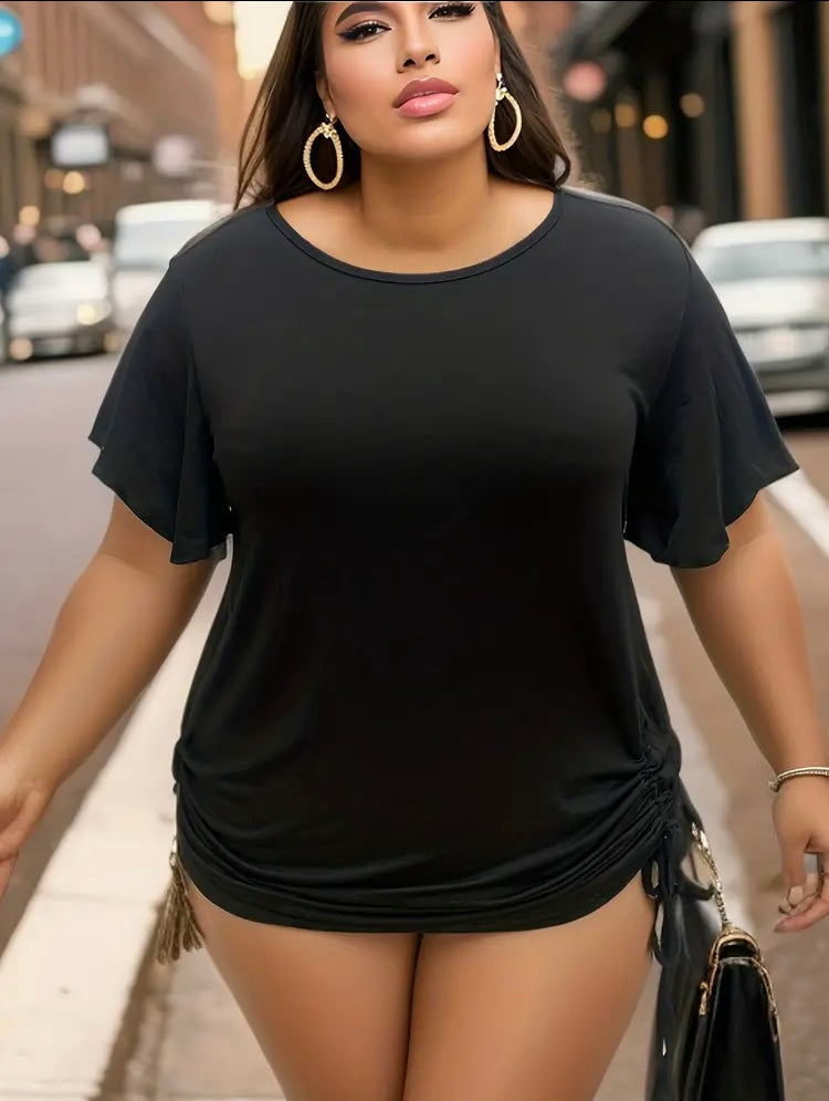 Plus Size Black Casual Basic Tee Women's Plus Plain Short Sleeve Round Neck Drawstring T-Shirt