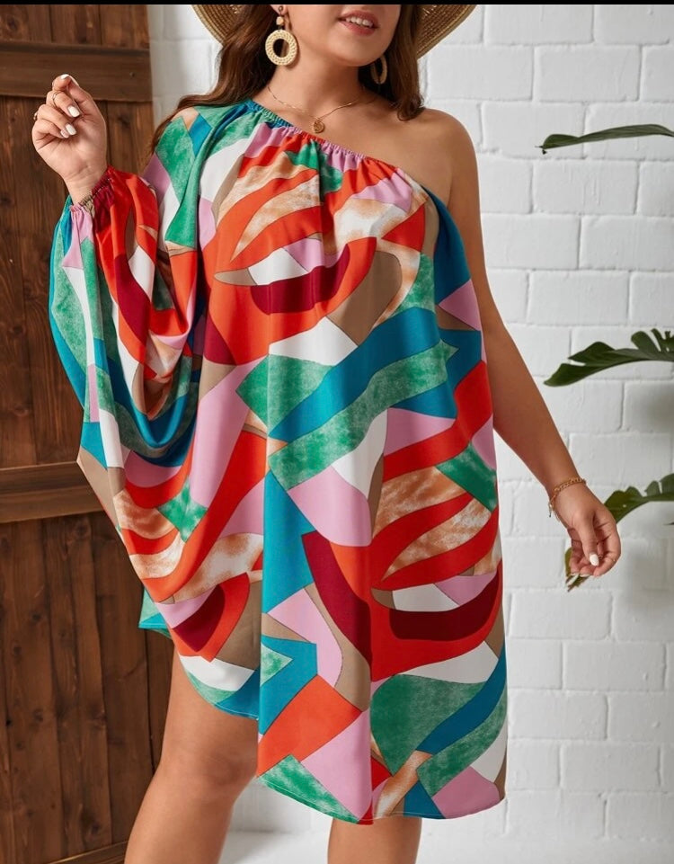 Plus Size Allover Print One Shoulder Colorfully Made Pretty One Sleeve Dressy Dress Fits Most Clothing