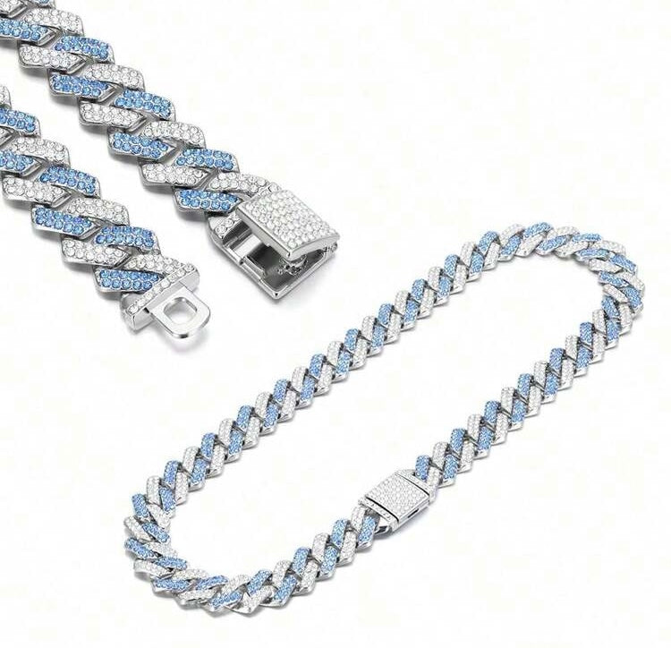 Blue Iced Out Cuban Link Chain Silver Tone Jewelry Rhinestone Bling Statement Unisex Necklace