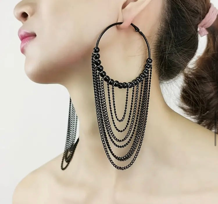 Beautiful Hoop Beaded Tassel Earrings Eye-Catching Fashion Statement Design Long Chain Fringe Dangle for Women and Everyday Wear Earrings