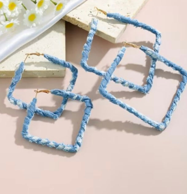 Light Denim & Fashion Print Fabric Wrapped Square Hoop Earrings for Women Accessories